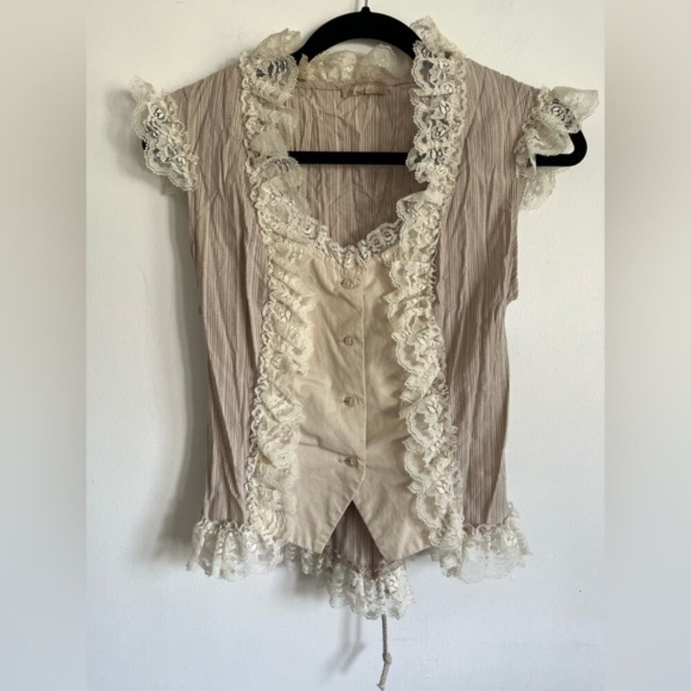 Vintage Women Cottagecore Lace Up Back Buttons Victorian Style Blouse Top Medium